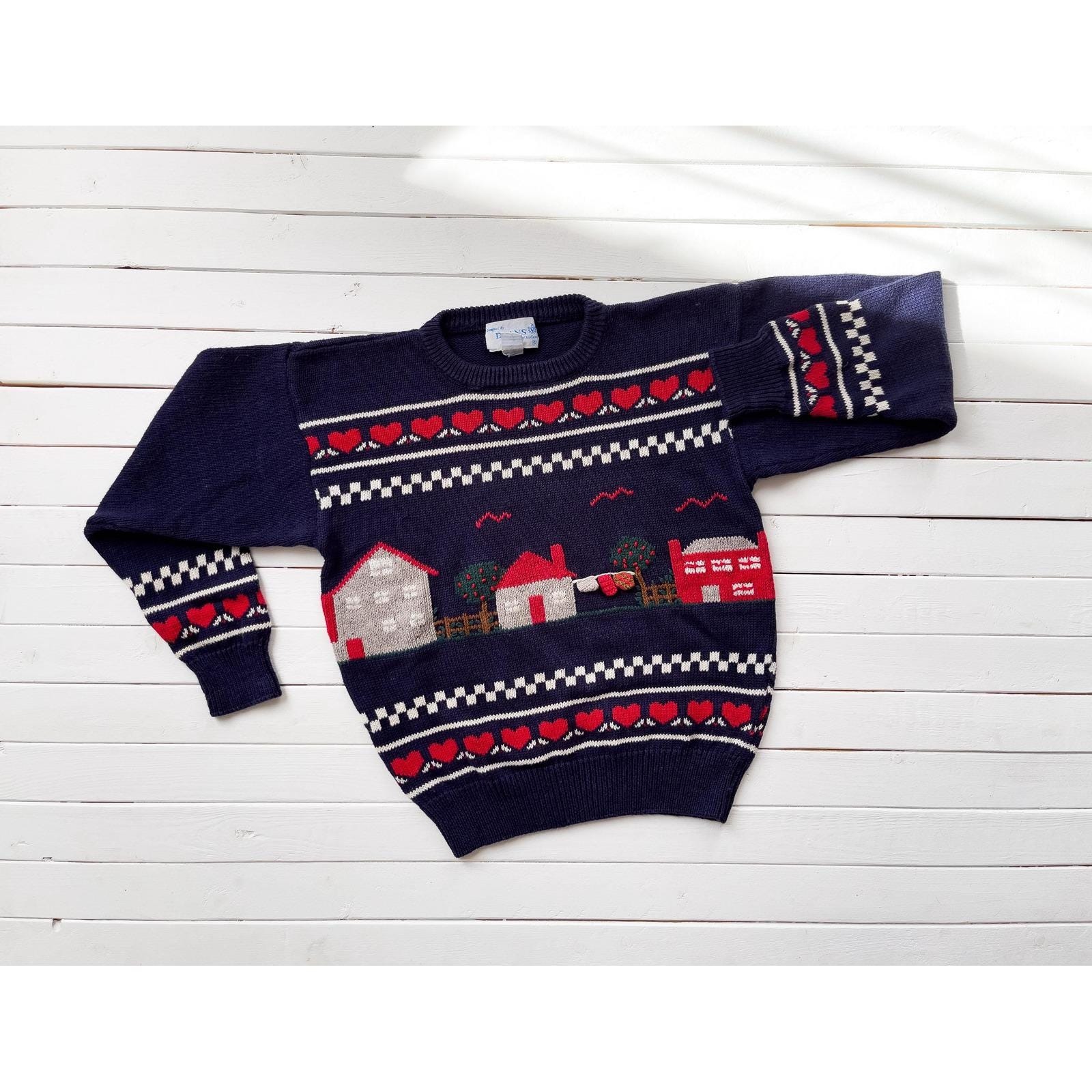 Cottagecore Sweater Vtg Dean's Of Scotland Navy Blue House Country Heart Sweater